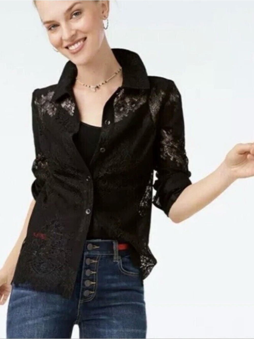 Cabi St. Regis lace button-down blouse in black.